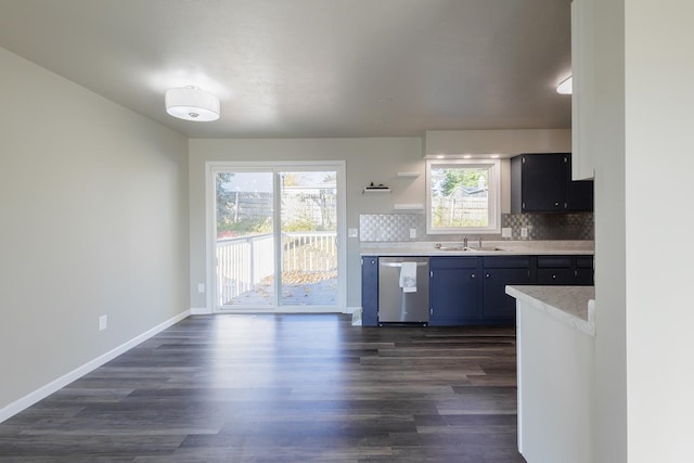 kitchen with sink, tasteful backsplash, dishwasher, and dark hardwood / wood-style floors