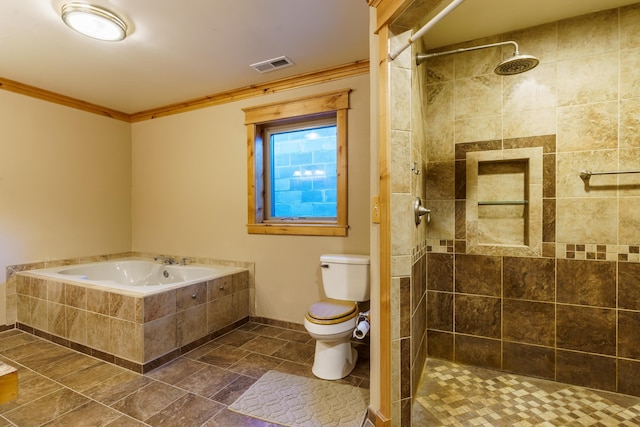 bathroom with toilet, independent shower and bath, and ornamental molding