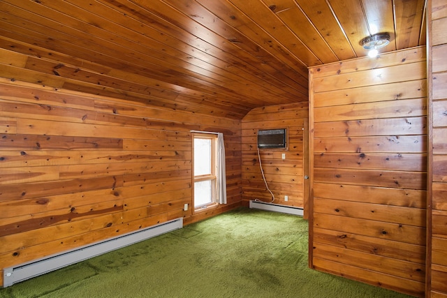 bonus room featuring vaulted ceiling, a baseboard heating unit, wood ceiling, and wood walls