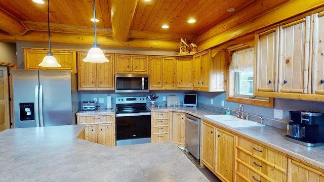 115 Minor Lake Cir, Hill City, SD 57745 - sitting room featuring rustic walls, lofted ceiling with beams, wooden ceiling, carpet, and wood walls