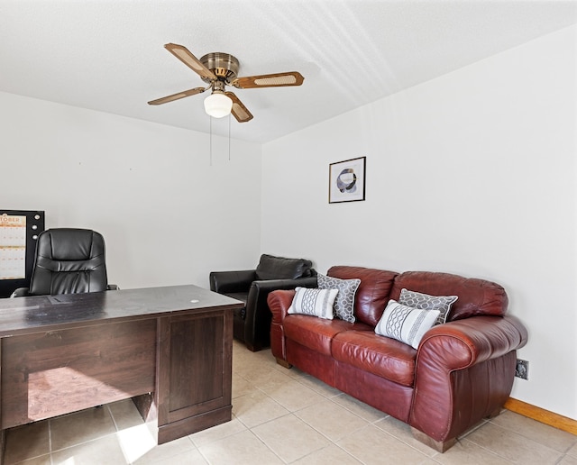 office with light tile patterned floors and ceiling fan