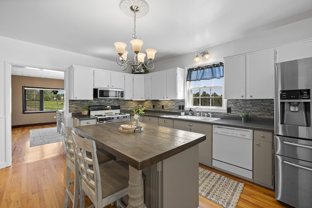 kitchen with light wood-type flooring, appliances with stainless steel finishes, and a healthy amount of sunlight