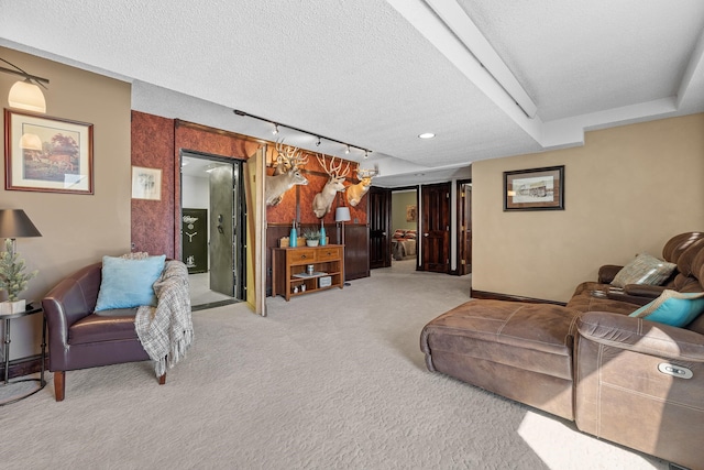 living room featuring a textured ceiling, light colored carpet, and rail lighting