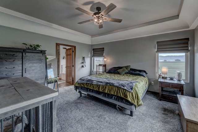 carpeted bedroom with ceiling fan and a tray ceiling