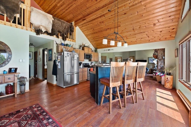 kitchen with stainless steel appliances, dark hardwood / wood-style flooring, wood ceiling, high vaulted ceiling, and a breakfast bar