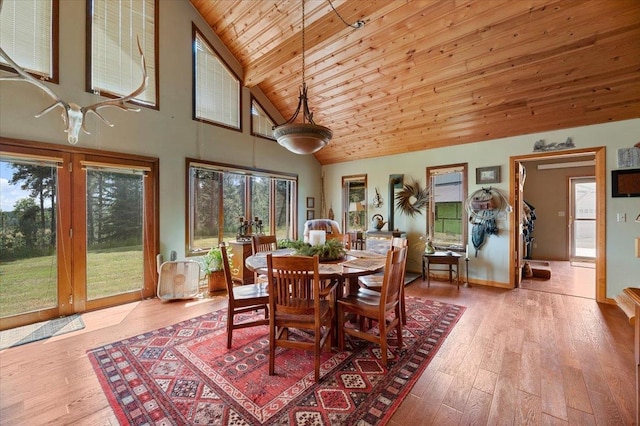 dining space featuring high vaulted ceiling, wood-type flooring, beamed ceiling, and wooden ceiling