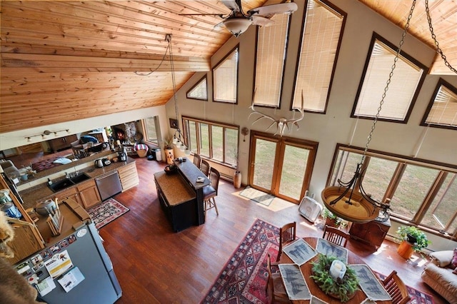 living room featuring high vaulted ceiling, wood ceiling, hardwood / wood-style floors, and ceiling fan