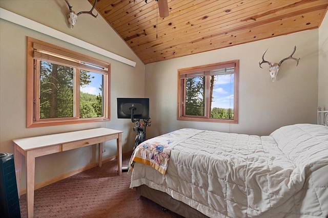 bedroom with multiple windows, wood ceiling, carpet flooring, and vaulted ceiling