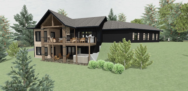 21385 Trailside Rd, Lead, SD 57754 - back of property featuring a wooden deck, a shingled roof, a yard, and a jacuzzi