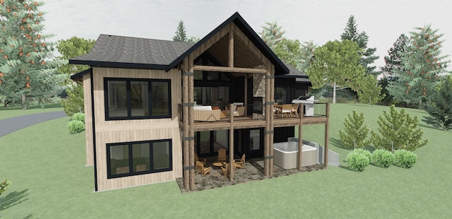 21385 Trailside Rd, Lead, SD 57754 - rear view of property with a shingled roof, a deck, and a lawn