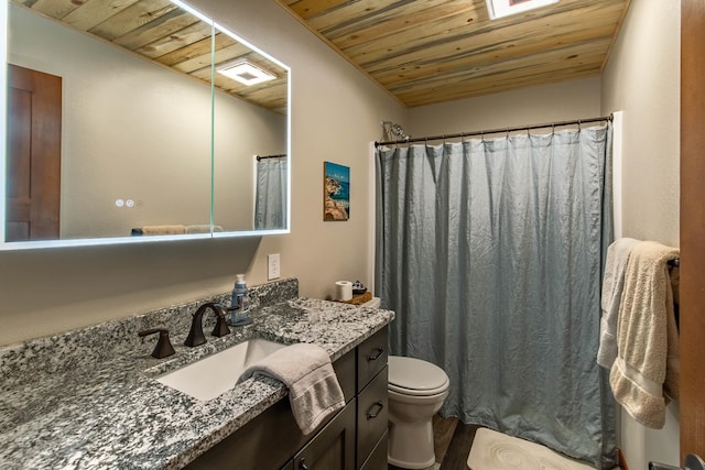 bathroom with vanity, hardwood / wood-style flooring, wood ceiling, and toilet