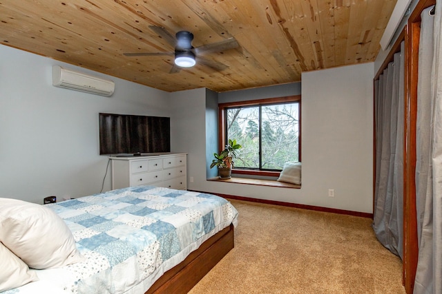 carpeted bedroom featuring an AC wall unit, wood ceiling, and ceiling fan