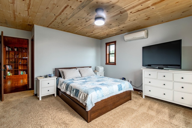 bedroom featuring an AC wall unit, light colored carpet, and wooden ceiling