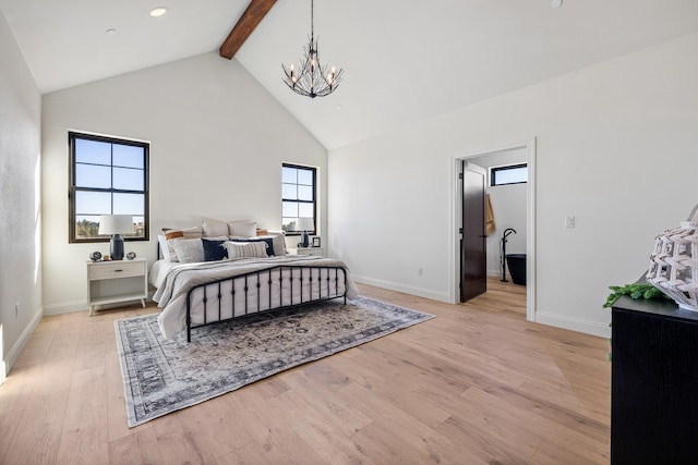 bedroom with beamed ceiling, light wood-type flooring, high vaulted ceiling, and a notable chandelier