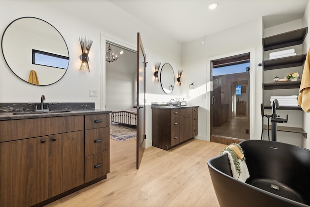 bathroom with vanity and hardwood / wood-style flooring