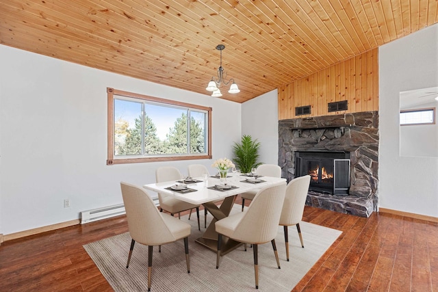 dining area featuring a stone fireplace, a healthy amount of sunlight, wood ceiling, and a baseboard heating unit