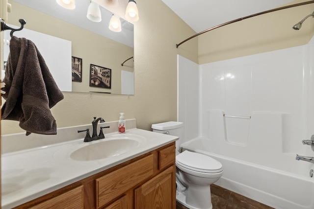 full bathroom featuring shower / bathing tub combination, vanity, toilet, and tile patterned floors