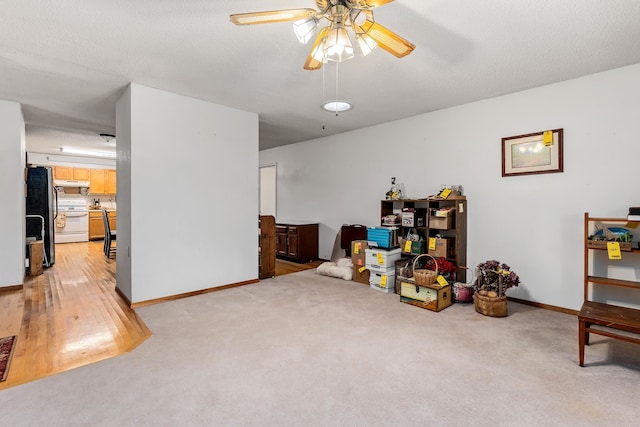 misc room featuring carpet flooring, ceiling fan, and a textured ceiling