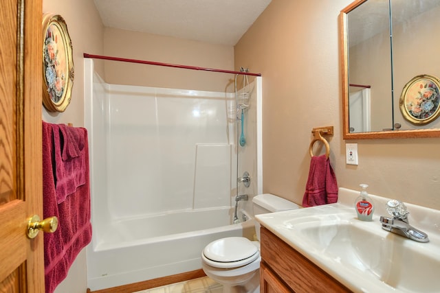 full bathroom featuring bathing tub / shower combination, vanity, a textured ceiling, and toilet