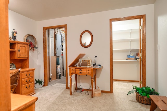 office area featuring light colored carpet