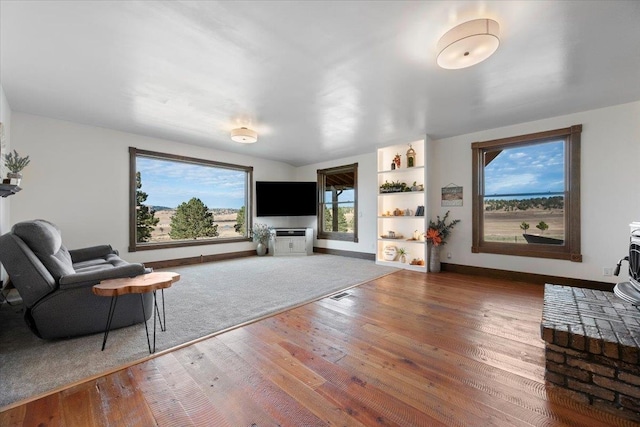 living room featuring dark wood-type flooring