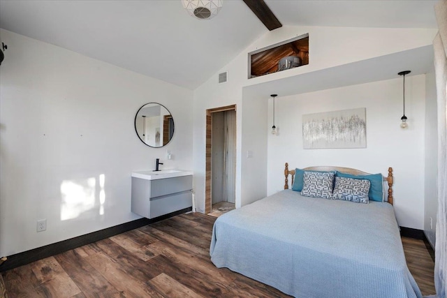 bedroom with high vaulted ceiling, sink, dark hardwood / wood-style floors, ceiling fan, and beam ceiling