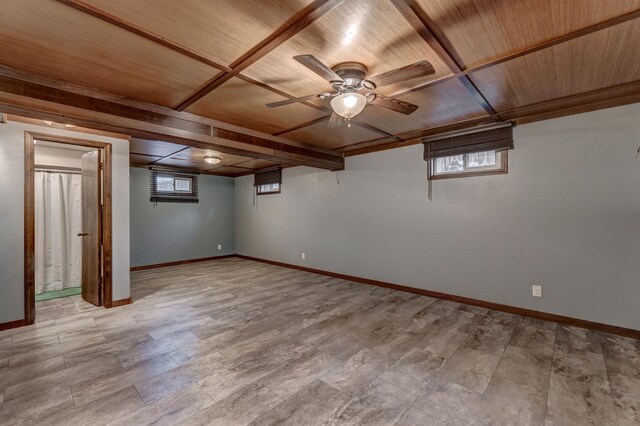 basement with ceiling fan, a healthy amount of sunlight, wooden ceiling, and light hardwood / wood-style flooring