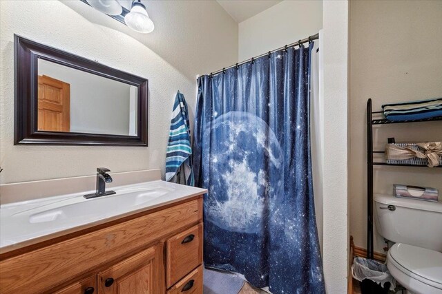 bathroom featuring a shower with curtain, vanity, and toilet