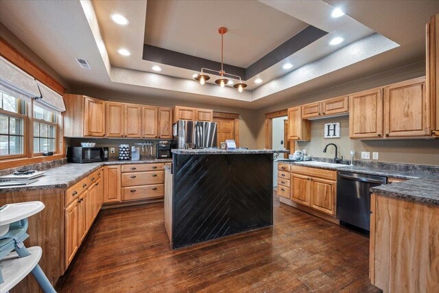 kitchen with a tray ceiling, dark wood-type flooring, pendant lighting, and stainless steel appliances