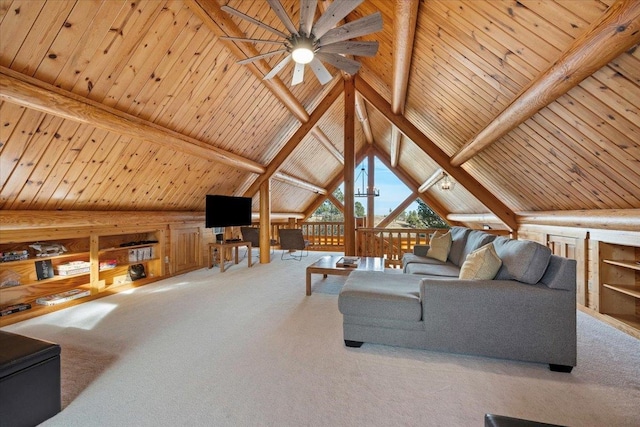 living room with beamed ceiling, ceiling fan, wood ceiling, and carpet