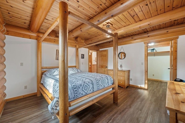 bedroom featuring beamed ceiling, dark hardwood / wood-style flooring, and wooden ceiling