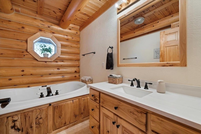 bathroom with beam ceiling, a bathing tub, rustic walls, wooden ceiling, and vanity