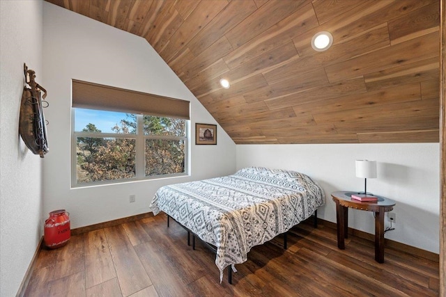 bedroom with wood ceiling, dark wood-type flooring, and vaulted ceiling