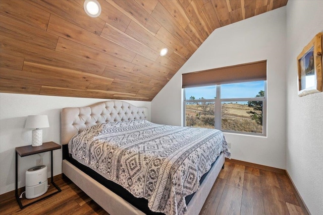 bedroom featuring wood ceiling, dark wood-type flooring, and vaulted ceiling