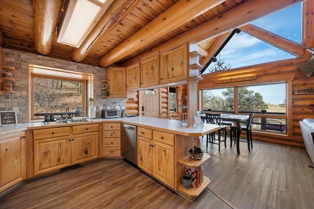 kitchen featuring kitchen peninsula, plenty of natural light, a skylight, and dark hardwood / wood-style flooring