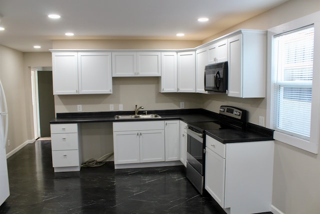 kitchen featuring white cabinetry, stainless steel range with electric cooktop, and sink