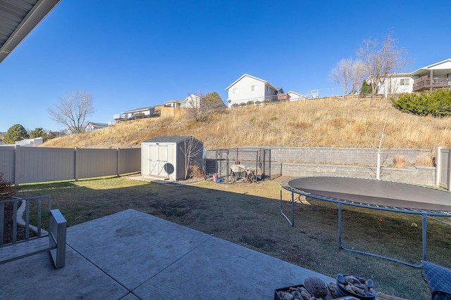 view of yard featuring a storage shed, a patio area, and a trampoline