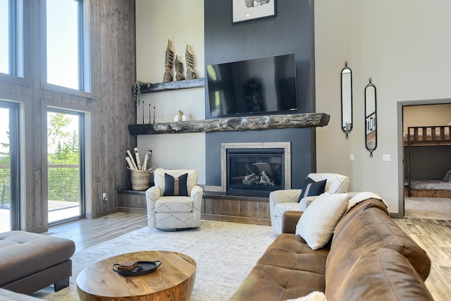 living room with a fireplace, hardwood / wood-style floors, and a high ceiling