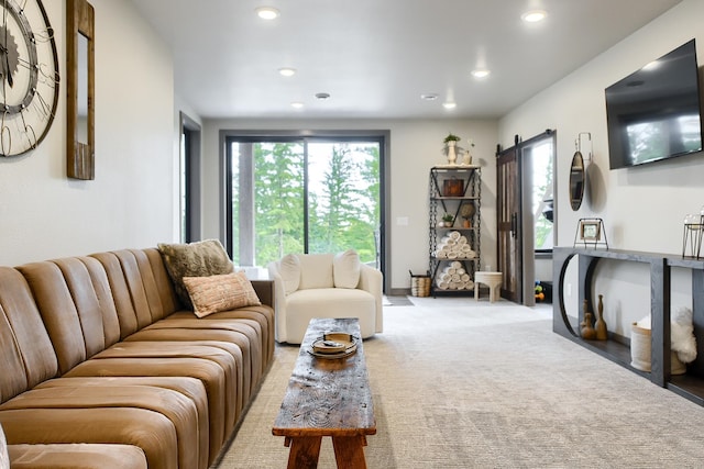 living room featuring light colored carpet