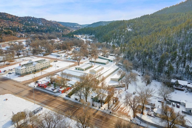 snowy aerial view featuring a mountain view