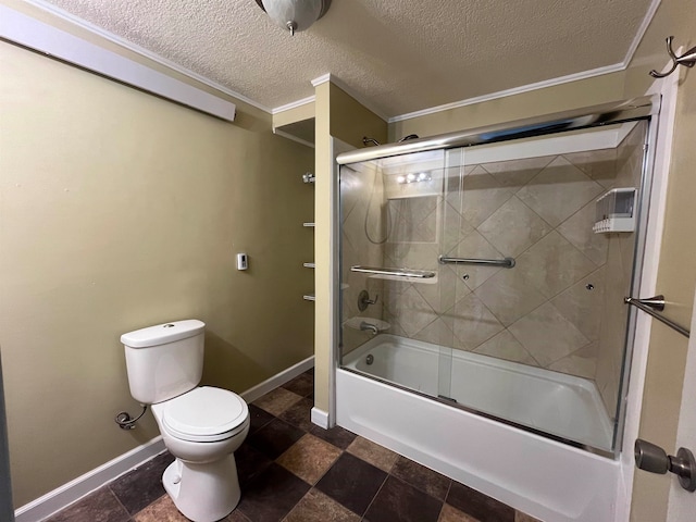 bathroom with crown molding, toilet, shower / bath combination with glass door, and a textured ceiling