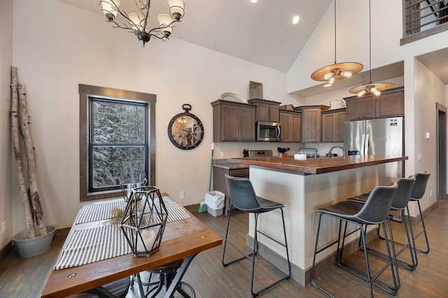 kitchen featuring high vaulted ceiling, an inviting chandelier, hanging light fixtures, appliances with stainless steel finishes, and dark hardwood / wood-style flooring