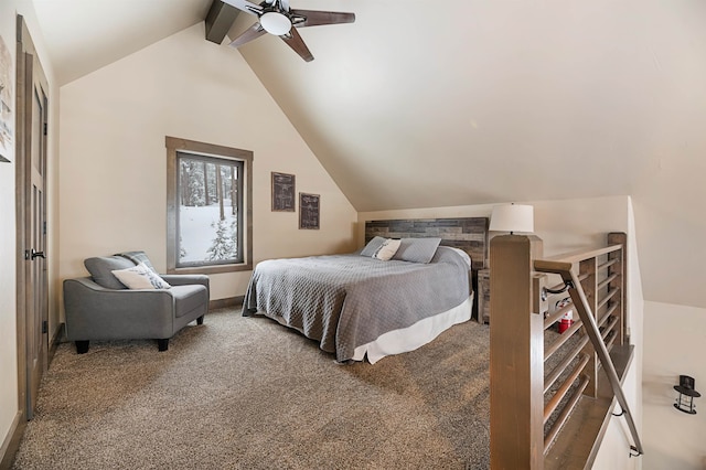 carpeted bedroom with lofted ceiling with beams and ceiling fan