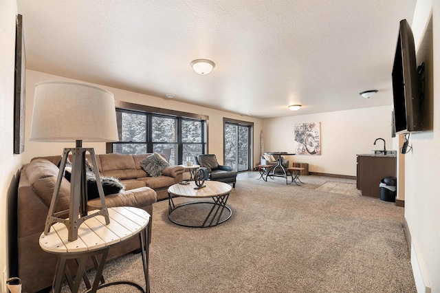 carpeted living room with a textured ceiling