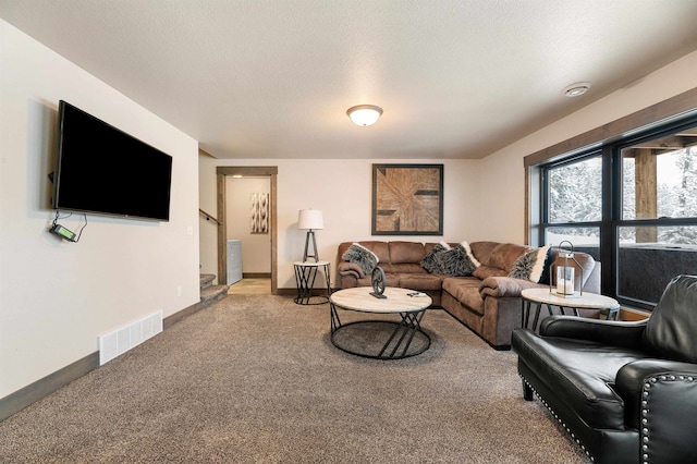 carpeted living room with a textured ceiling