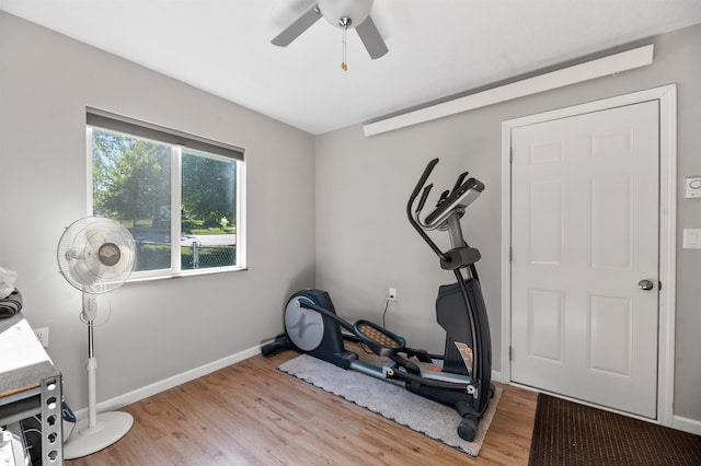 exercise room with ceiling fan and light hardwood / wood-style floors