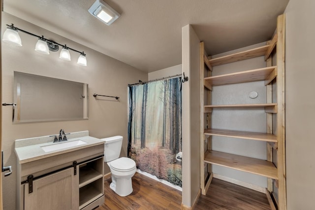 bathroom with a shower with curtain, vanity, toilet, and wood-type flooring