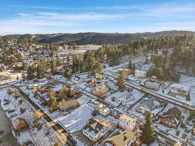 snowy aerial view featuring a mountain view