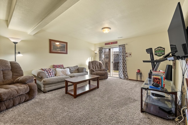 carpeted living room with a textured ceiling