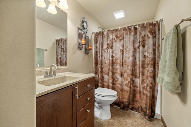 5017 Misty Woods Ln, Rapid City, SD 57701 - bathroom with tile patterned floors, a shower with curtain, vanity, and toilet